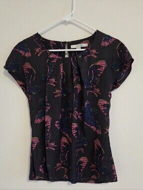 Boden Ravello Silk Blend Blouse Black With Vibrant Blue Bird Print